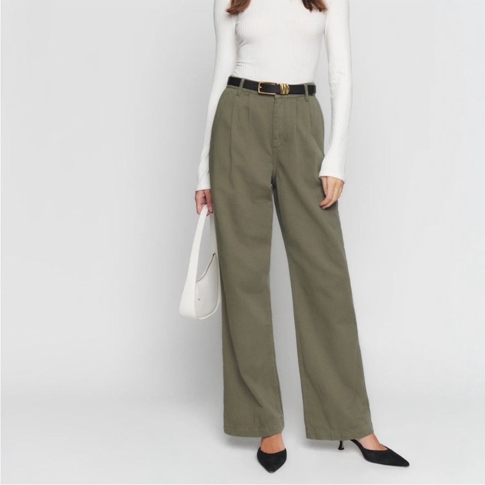 NWT Reformation Montauk Pleated High Rise Twill Pants in Army Green Sz 28